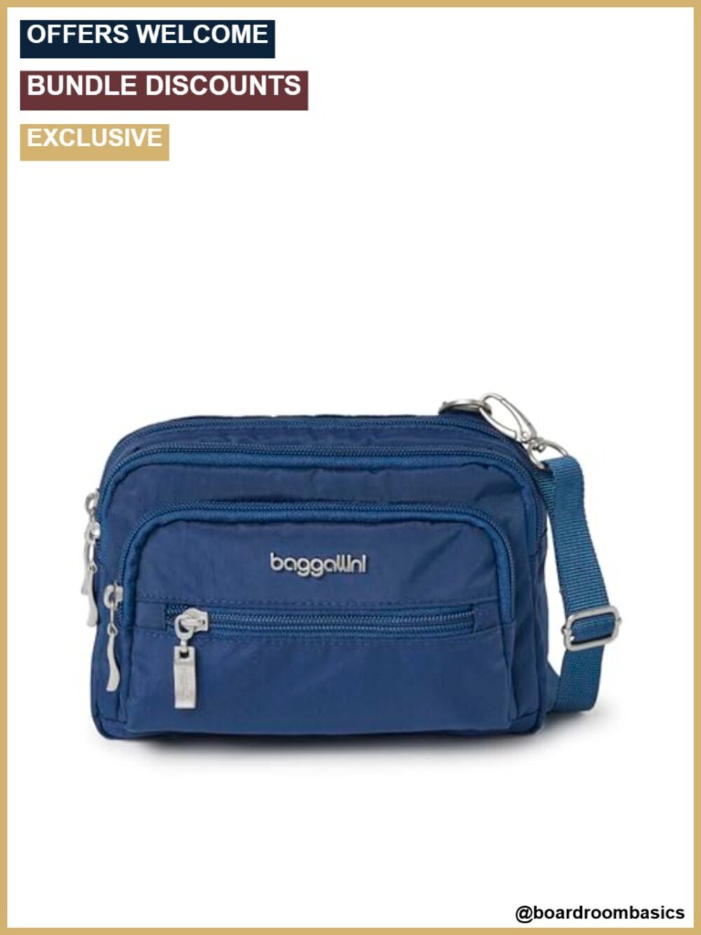 Baggallini Triple Zip Small Crossbody Bag Lightweight Convertible Fanny Pack